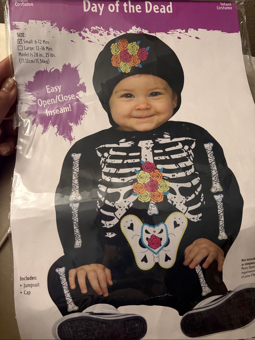 Day of the Dead Infant Black Skeleton Jumpsuit Costume with Floral Accents